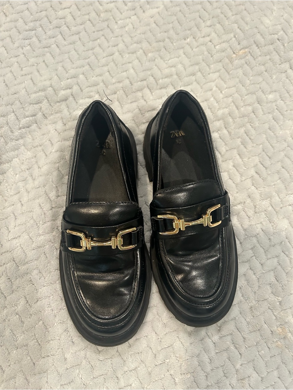 Zara Black Leather Loafers with Gold Buckle Detail
